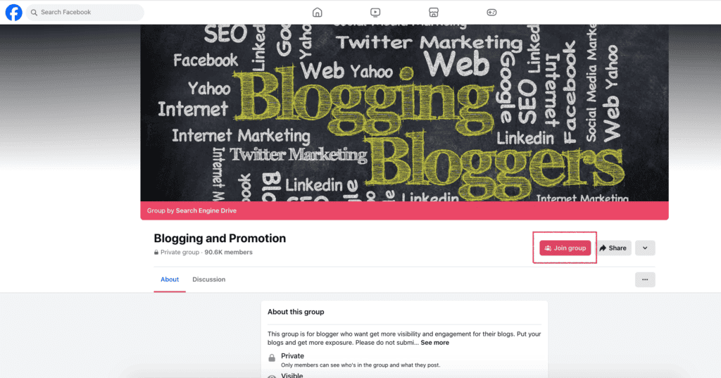 Screenshot of Facebook with the "Join Group" button highlighted